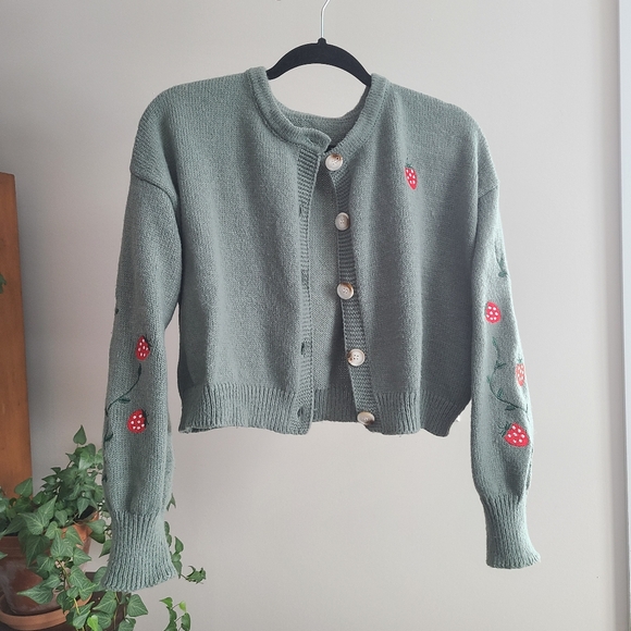 Sage Green Cropped Strawberry Cardigan - Picture 10 of 12